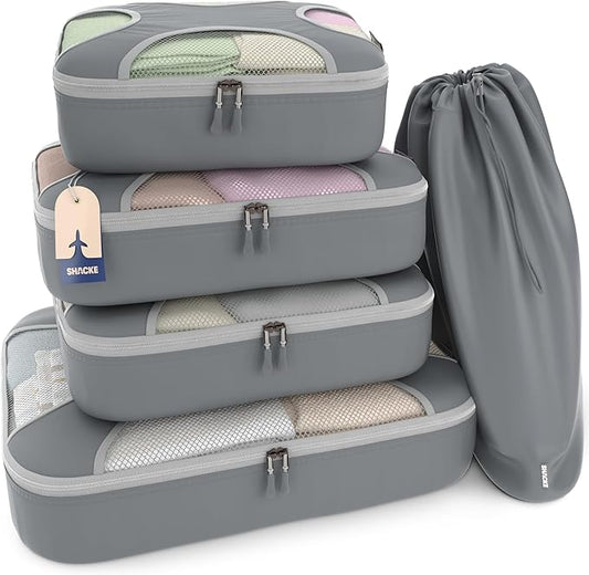 Shacke 5 Set Packing Cubes for Travel – Luggage Organizer & Suitcase Bags with Laundry Bag, Carry On Packing Organizer, Travel Accessories for Women Men (Charcoal Gray)
