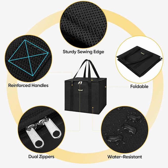 BALEINE 3Pk Insulated Reusable Grocery Bags, Foldable Shopping Bags for Groceries with Reinforced Bottom & Handles (Black)