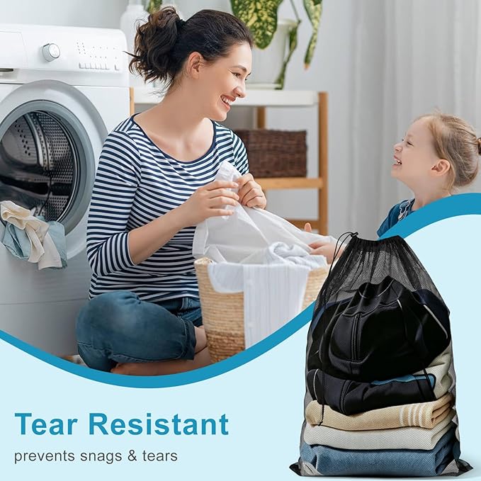 3 Pack Mesh Laundry Bags, 2 Large & 1 Small Breathable Fabric Mesh Laundry Bag, Thick Drawstring & Tear Resistant Black Wash Bags for Home, Dorm, Travel & Camping