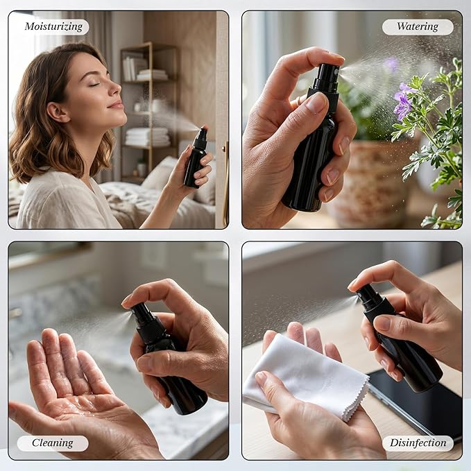 Travel Spray Bottle Set – 10 Pack 50ml (1.7oz) Empty Plastic Spray Bottles, Fine Mist Continuous Spray for Hair, Face Mist, Perfume & Toner, Refillable Travel Size Containers (Black)