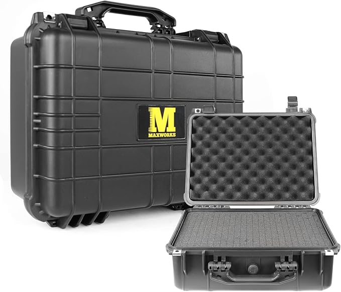 MaxWorks 51017 Protective Waterproof IP67 Hard Case for Camera All-Purpose Valuables Foam Interior Secure 15.1 x 10.7 x 6.3 inch Black Interior 16.5 x 13 x 6.7 inch Exterior