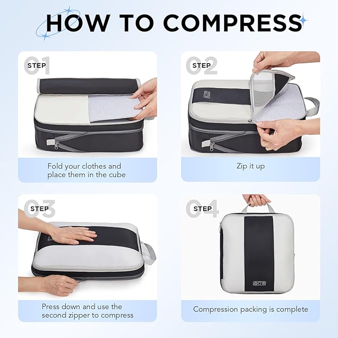 6 Set Compression Packing Cubes for Travel Essentials,Compressible Expandable Packing Cubes for Suitcase,OlarHike Luggage Garment Bags for Travel,Handy Helper for Organizing Clothes(Black)