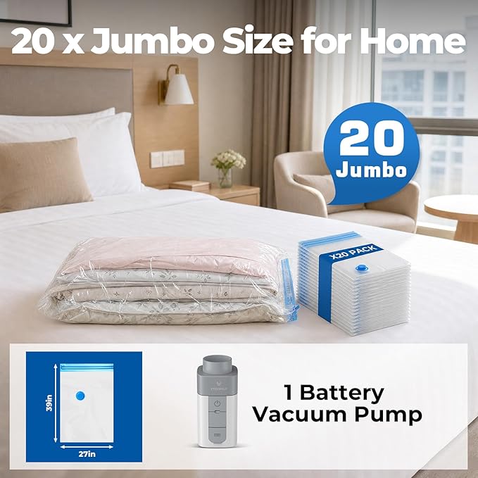 ETENWOLF 20 Pack Jumbo Vacuum Storage Bags with Rechargeable Wireless Pump, Vacuum Seal Bags for Clothes and Travel, Space Saver Compression Bags for Bedding, Blankets and Comforters(39.4 x 27.6 in)