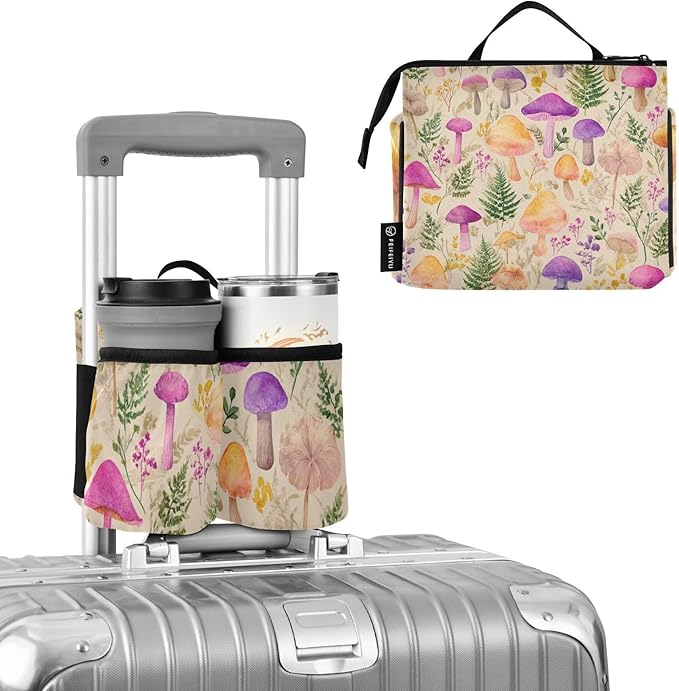 Luggage Cup Holder for Suitcases Free Hands Suitcase Cup Holder Travel Luggage Drink Holder Portable Luggage Cup Caddy Bag Carrier with Handle Mushroom Colorful Pattern