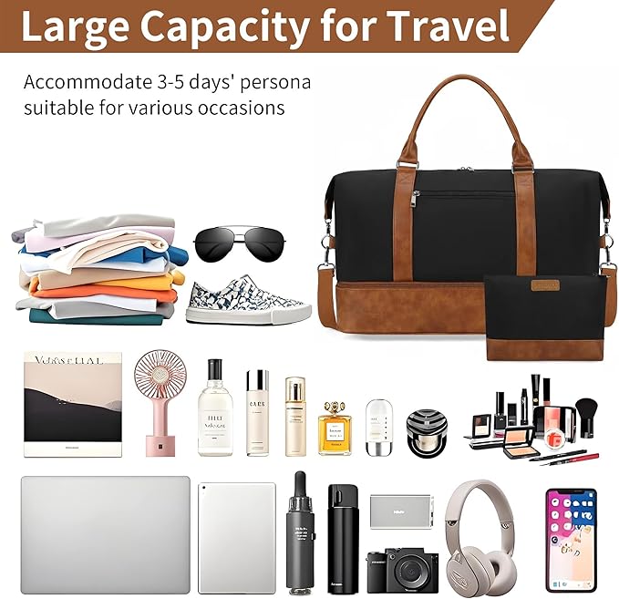 Oeihuivt Weekender Bags for Women - 21 Inch Large Travel Duffel Bag 2-Piece Set with Shoe Compartment, Heavy-Duty Canvas Leather Carry On Overnight Tote