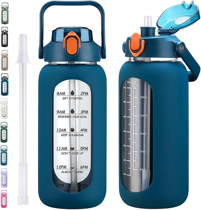 64oz Glass Water Bottles with Straw, Half Gallon Motivational Glass Bottle with Silicone Sleeve and Time Marker, 2L Leakproof Large Glass Water Jug for Gym Home Office,Blue