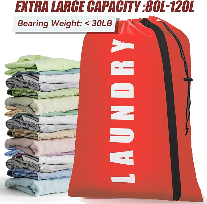Isink Heavy Duty Laundry Bag with Strap,2 Pack Travel Laundry Bags for Dirty Clothes,24" x 36" Large Laundry Bag for Traveling,Camping,Dorm (Black + Red)