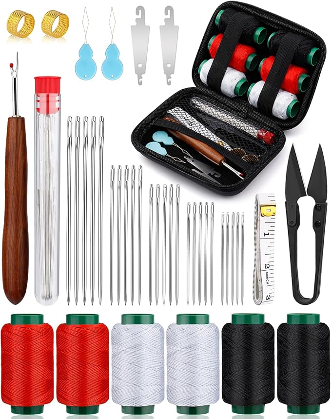 TLKKUE 40 Pcs Sewing Kit, Steel Needles for Hand Sewing, Sewing Kit for Adults with Sewing Needles Storage Bag Threads Thimbles Seam Rippers for Repair Clothing (Red/White/Black Thread)