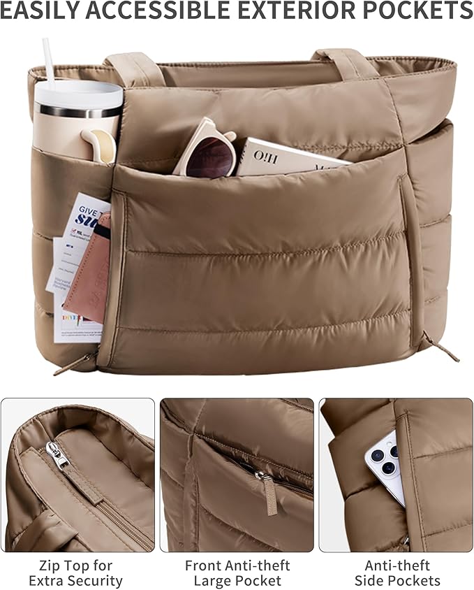 Bagstellar Puffer Tote Bag for Women, Lightweight Puffy Work Handbag Teacher Nurse Quilted Shoulder Bag for School Travel Gym | Cloud Bag w/ Zipper