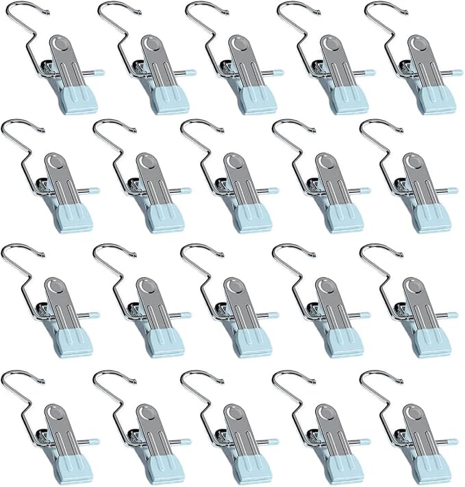 Boot Hangers for Closet, Laundry Hooks with Clips, Boot Hanging Hold Clip, Space Saving Portable Travel Clip, Clip Hangers for Pants Hats Socks Gloves (20, Light Blue)