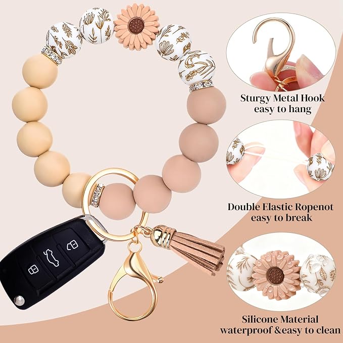 2PCS Bracelet Key Ring Set, Cute Car Key chain Wristlet, Silicone Beaded Bangle keyChains for Women Girls