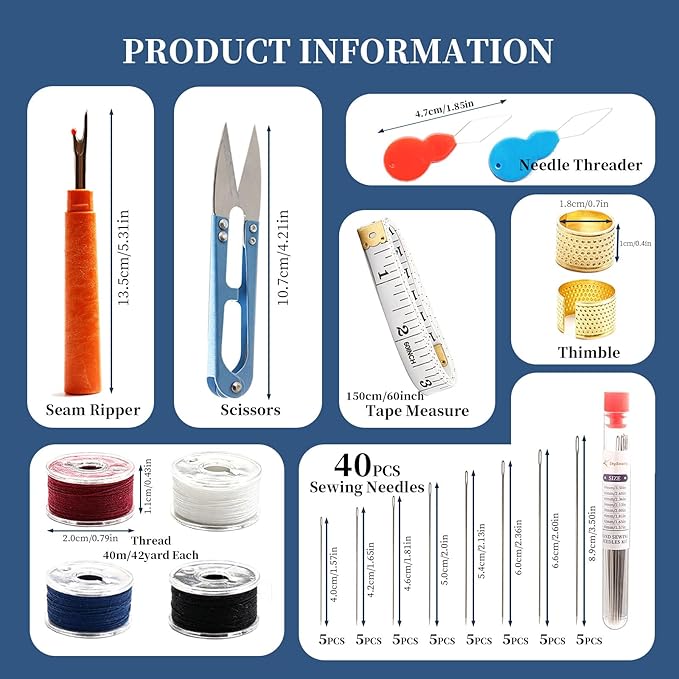 Skysewing 52PCS Large Eye Hand Sewing Needles Kit with Metal Box, Mini Sewing Kit with Threaders, Thimbles, Seam Ripper, Portable Sewing Repair Kit for Adults Beginner Travel Clothing Repair Home Use