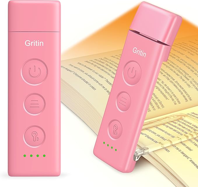 Gritin Book Light Rechargeable, Eye Caring 3-Color & 5-Brightness Clip on LED Reading Light for Books in Bed- Stepless Dimming, Long Lasting, Compact Size Flexible Book Lamp for Bookworms-Warm Pink