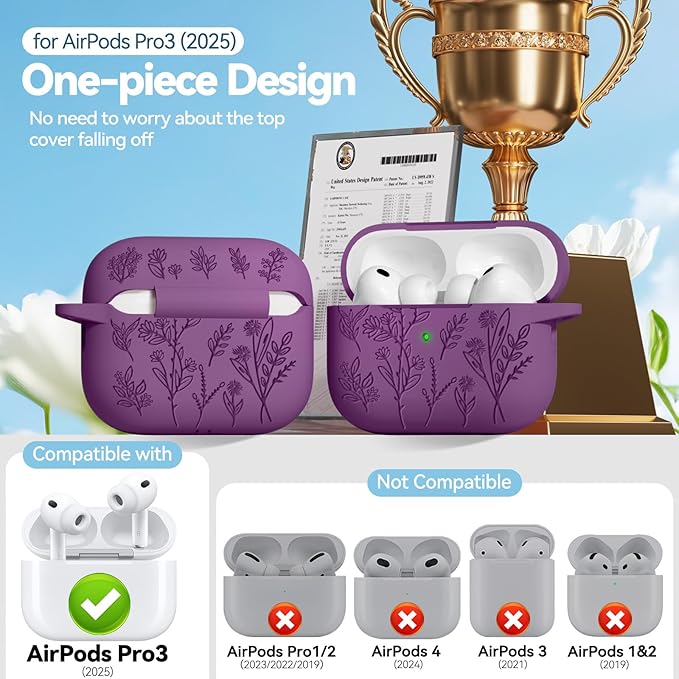 Ekoonpft for Airpods Pro 3 Case, Flower Engraved Cases for Apple AirPods Pro 3rd Generation 2025, Soft Silicone Cover for Men Women Girly with Cleaning Kit & Keychain, Anti-Scratch, Shockproof