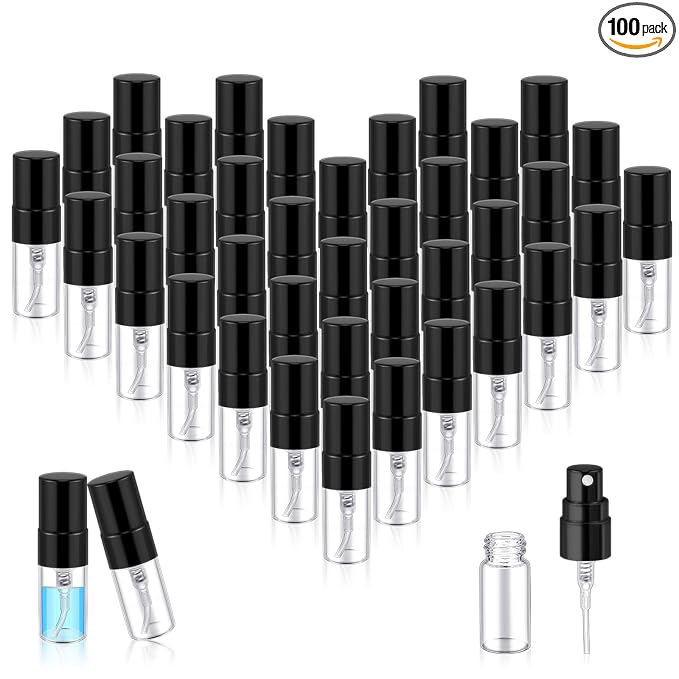 Zhehao 100 Pcs Mini Spray Bottles 2 ml Clear Glass Perfume Bottles Refillable Fine Mist Perfume Atomizer Portable Empty Sample Containers for Cleaning, Essential Oils, Travel (Black Cap)