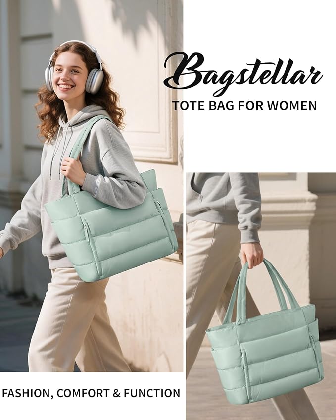 Bagstellar Puffer Tote Bag for Women, Lightweight Puffy Work Handbag Teacher Nurse Quilted Shoulder Bag for School Travel Gym | Cloud Bag w/ Zipper