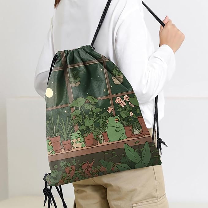 Drawstring Backpack Draw String Sports Bags for Gym Travel Beach Waterproof Cute Sackpack Men Women Aesthetic (13"×17")-Frog