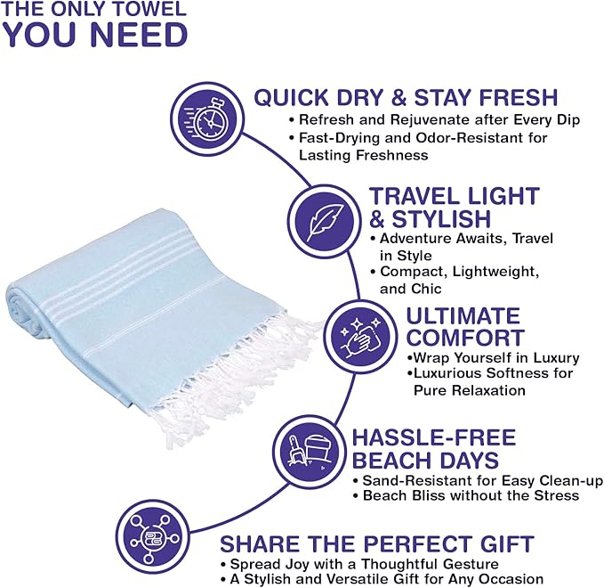 Turkish Beach Towels, Pack of 6 | Oversized, Quick Dry, Sand Free | 100% Cotton, Large 38x71 Towels for Beach, Pool, Travel | Ultra-Soft, Compact, and Absorbent | Baby Blue