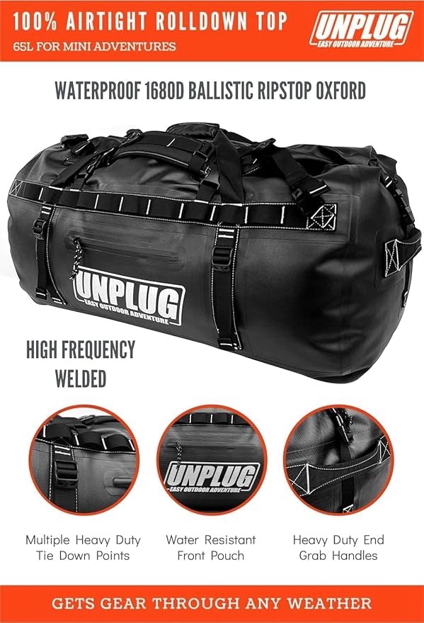 UNPLUG Ultimate Adventure | 1680D Heavy Duty Waterproof Bag | Large Travel Bag which can be Used for Camping, Motorcycling, Boating, or Hunting| 65L BLACKOPS