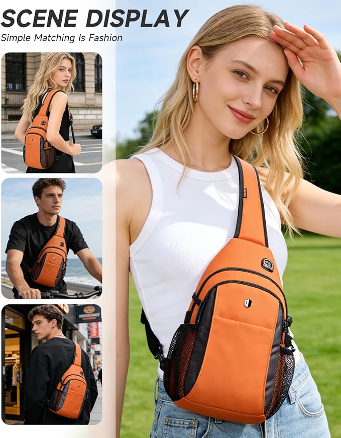 Expandable Sling Bag for Women, Anti-Theft Crossbody Bag with Side Pocket & Earphone Hole, Hiking Chest Pack for Travel, College & City Commute, Fits 11 inch iPad, Switch 2, Orange