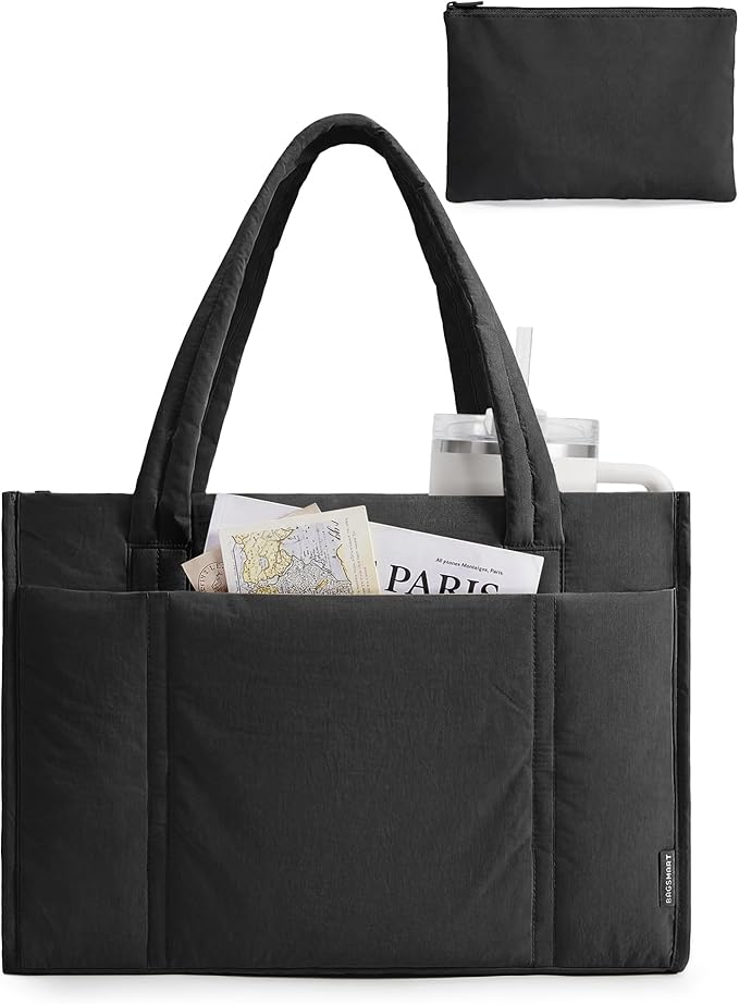 BAGSMART Tote Bag for Women, 2Pc Puffer Tote Bag with Zipper, Quilted Work Tote Teacher Bag Shoulder Handbag | Beach Tote
