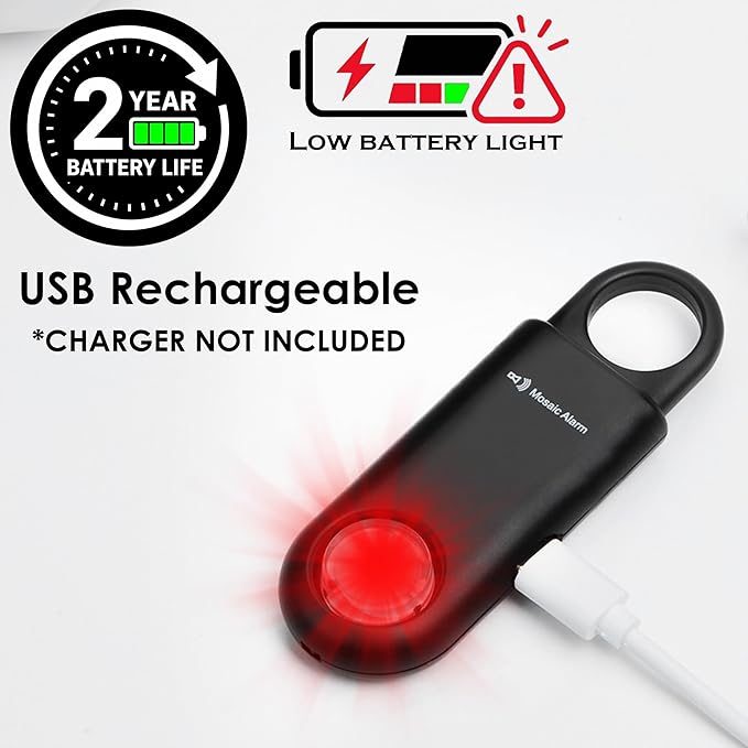 Rechargeable 135 dB Personal Alarm for Women 2-in-1 Flashlight Ultra-Bright Strobe Light. Students Kids Safety SOS Keychain Siren. Loud Emergency Hiking Bear Alerts Long Battery Life. Black