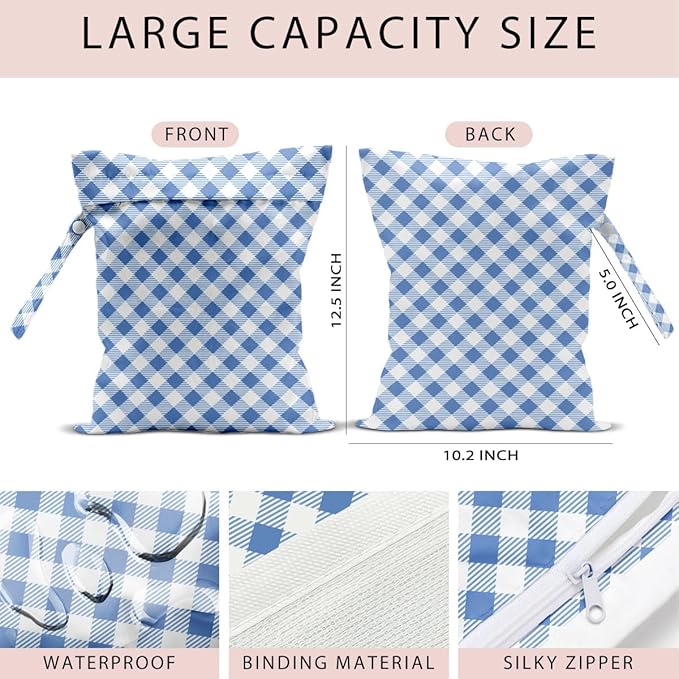 Wet Bag, 4Pcs Wet Dry Bag Set, Waterproof Reusable Bags with Four-Tone Plaid Prints for Women, Perfect for Beach Vacations, Pool Days & Travel