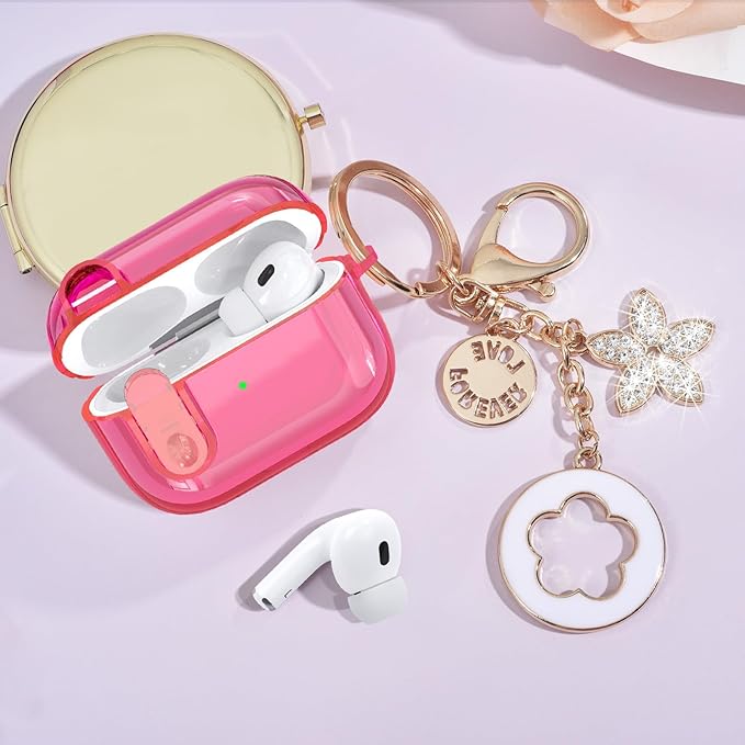 (with Lock) Clear Case Compatible for Cute Apple Airpods Pro 1/2 Cases Women, VISOOM TPU Transparency Air pods Pro 1st 2nd Generation Earbuds Rose Red Case Bling Keychain for Airpod iPod Pro2/1