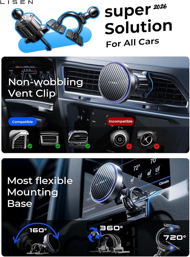 LISEN 15W MagSafe Car Mount Charger,[Carbon Fiber] Magnetic Wireless Car Charger, Dashboard & Air Vent Car Phone Mounts, Magnetic Phone Holder for Car Mount for iPhone 17/16/15/14/13/12, Samsung Pixel