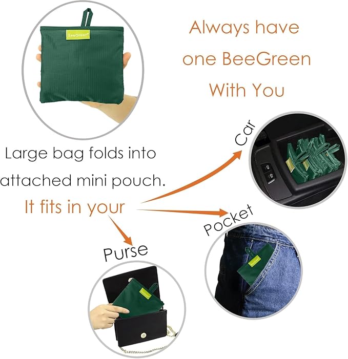 BeeGreen Christmas Green Reusable Grocery Bags Dark Green Reusable Kitchen Bags Bulk Foldable-Machine Washable with Zipper Storage Pouch 50 Packs