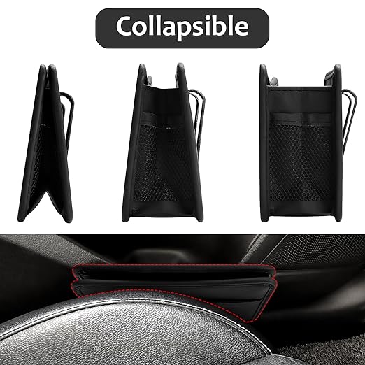 Accmor Collapsible Car Trash Can, Leather Vehicle Garbage Organizer Bin Holder with One Roll Trash Bag, Foldable Hanging Mini Cars Storage Bag Container for Auto, SUV (Black)