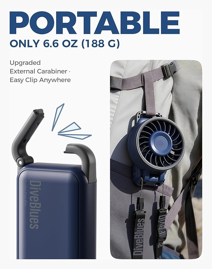 Diveblues Portable Handheld Fan, 7.4m/s High Speed Turbo Fan, 180° Foldable 4-in-1 Personal Neck Fan Integrated Carabiner Clip, 100 Speed Stepless Control, USB-C Rechargeable, 12H Battery, Fanzy D6036