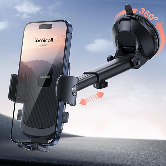 Lamicall Car Phone Holder - [Strongest Military-Grade Suction Cup] 360° Rotation Phone Holders for Your Car Quick Release Adjustable Phone Mount for Car Dashboard for iPhone 17 16 Pro Max Galaxy Truck