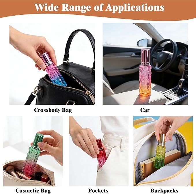 12Pcs 10ML Leak Proof Perfume Travel Bottles - Refillable Glass Atomizer with Transfer Tools, Portable Cologne Dispenser for Travel/Gym/Dates (Rainbow)