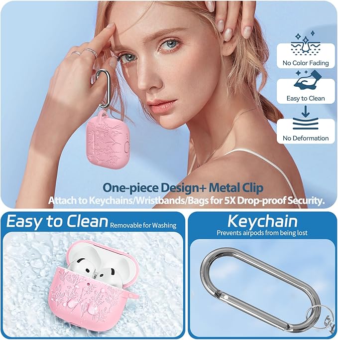 for Airpods 4 Case, Ekoonpft Flower Engraved Cases for Apple AirPods 4th Generation 2024, Soft Silicone Cover for Women Girly with 3-in-1 Cleaning Kit & Keychain, Anti-Scratch, Shockproof