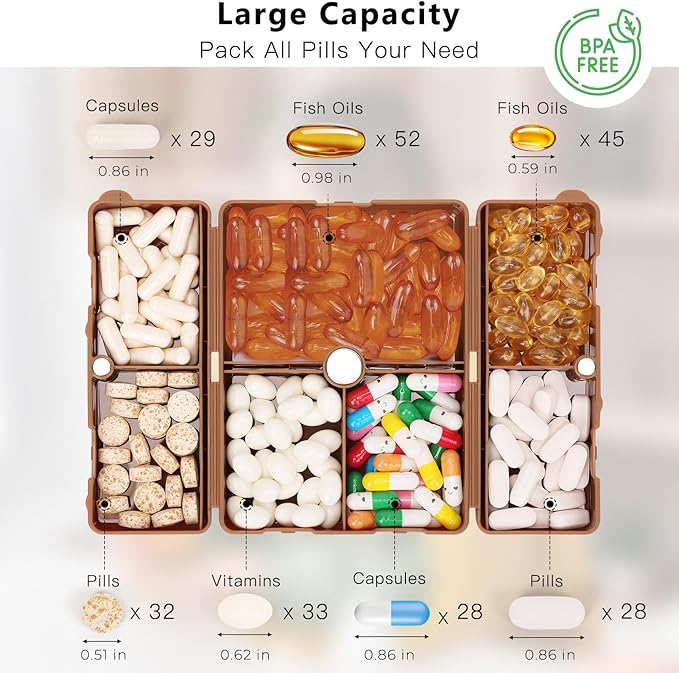 FYY Daily Pill Organizer,7 Compartments Portable Pill Case Travel Pill Organizer,[Folding Design] Pill Box for Purse Pocket to Hold Vitamins,Cod Liver Oil,Supplements and Medication-Brown