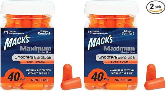 Mack's Maximum Protection Soft Foam Shooting Ear Plugs, 40 Pair – 33 dB Highest NRR – Comfortable Earplugs for Hunting, Tactical, Target, Skeet and Trap Shooting | Made in USA (Pack of 2)
