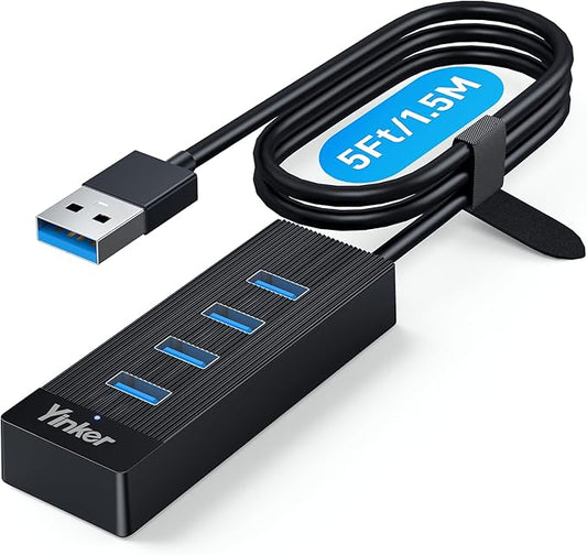 4 Port USB 3.0 Hub 5FT/1.5M Cable with 5 Gbps Speed & 5V USB-C Power Supply – USB hub Splitter for Office, Home Office, Gaming, and External Devices