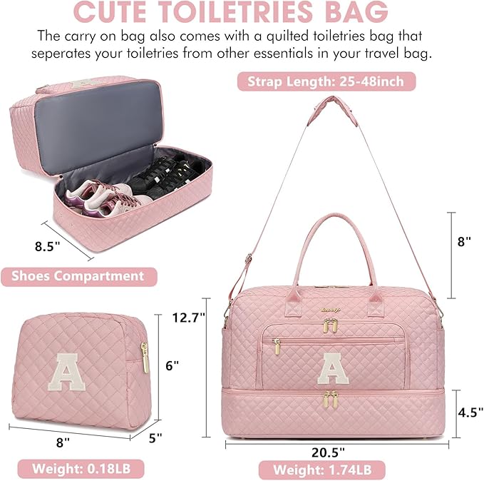 Initial Travel Duffle Bag for Women - Pink Personalized Weekender Bags Overnight Bag with Shoe Compartment & Wet Pocket Weekend Tote Bags with Toiletry Bag Monogram Xmas Gifts (Letter A)