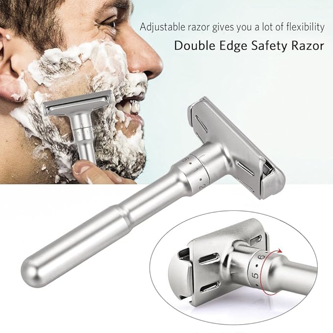 Travel Double Edge Safety Razor, River Lake RZ700 Long Handle Adjustable Classic Safety Shaver Razor (Razor with Protective Case,Brown)