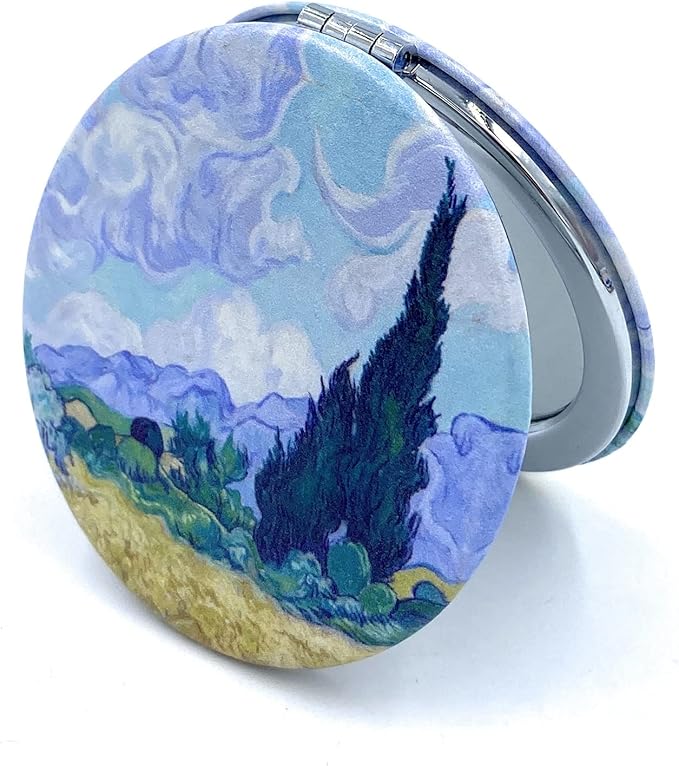 Art Gifts for Women Travel Mirror Van Gogh Handheld Mirror Small Cosmetic Compact Mirror Cute Pocket Mirror Design Print Wheat Field and Cypress, Diameter 2.75 inch x 0.4 inch Thickness