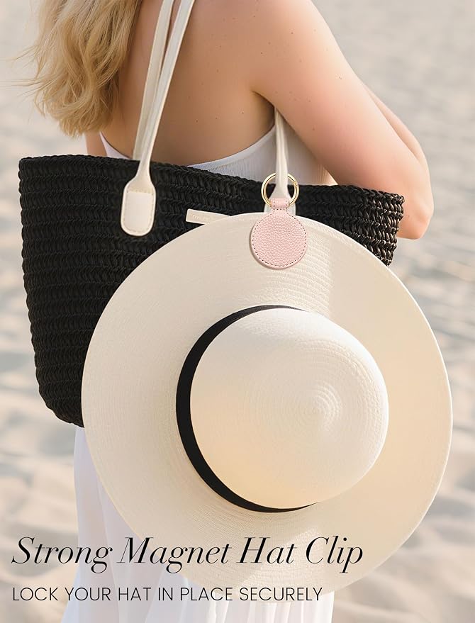 Niveaya Magnetic Hat Clip for Travel on Bag, Strong Magnet Keeps Hat Secure on Purse Luggage Backpack, Travel Essentials Accessory for Beach Cruise Outdoor, Stylish Leather Finish, Light Pink