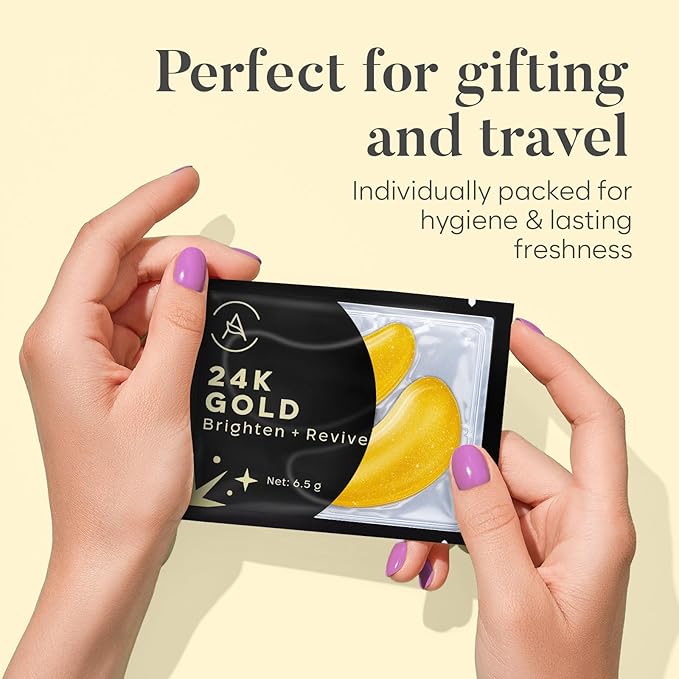 AURAE 24K Gold Under Eye Patches (30 Pairs) - Eye Mask for Dark Circles, Puffiness & Wrinkles - Hydrating Treatment for a Revitalized Look