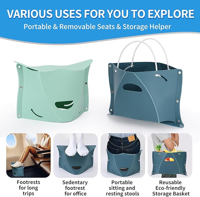 Travel Foot Rest for Airplane & Office - Portable Under Desk Foot Stool, Relieves Back & Knee Pain, Comfort for Long Flights, Cars, Subways & Trains - 2 Pack (Blue & Green)