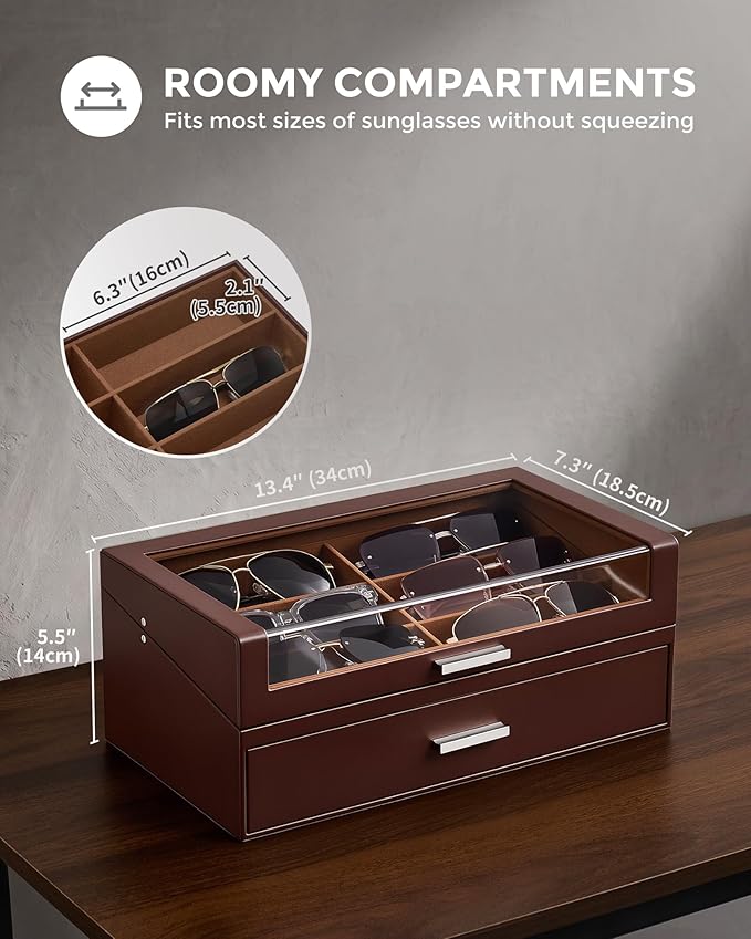ProCase 12 Slots Sunglasses Box Organizer with L-Shaped Clear Lid, Multiple Pairs Glasses Display Holder Eyewear Eyeglass Eye Glass Storage with Drawer for Men -Espresso
