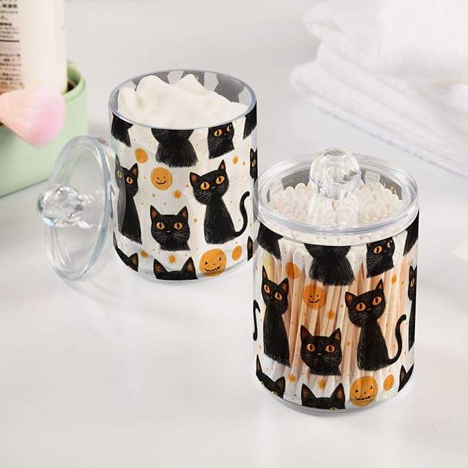 2 Pack Qtip Holder Organizer Dispenser Black Cats Halloween Bathroom Storage Canister Cotton Ball Holder Container for Cotton Pads/Swabs/Floss