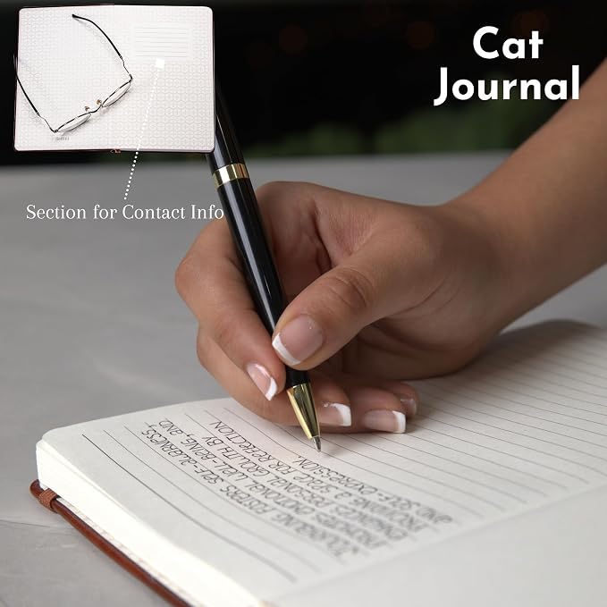 SETTINI® Lined Journal - Cat Journal for Writing Gift Set - Hardcover Vegan Leather, Includes Luxury Pen in a Unique Pen Holder, 192 Pages, A5, Fathers Day Gift, Journal for Women