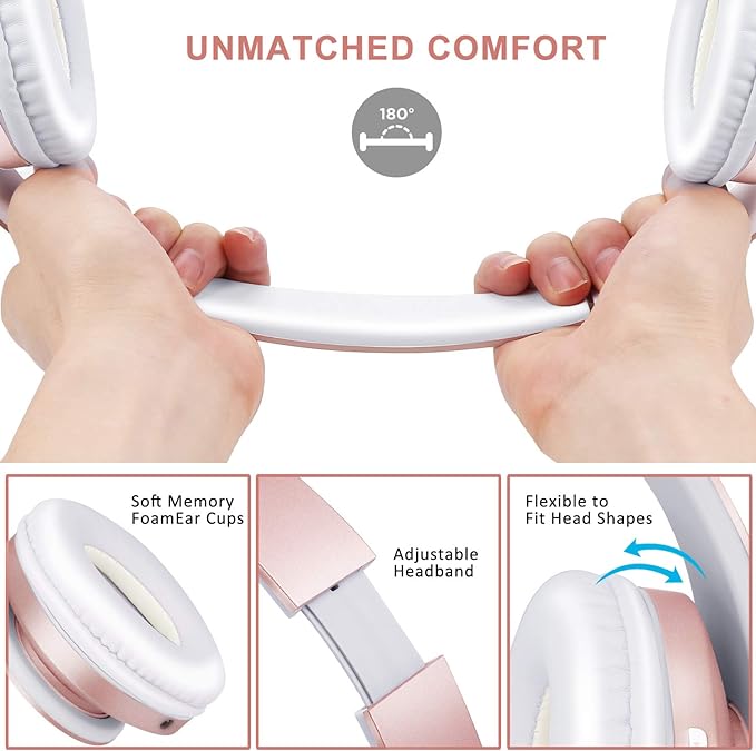ZIHNIC Bluetooth Headphones Over-Ear, Foldable Wireless and Wired Stereo Headset Micro SD/TF, FM for Cell Phone,PC,Soft Earmuffs &Light Weight for Prolonged Wearing(Rose Gold)