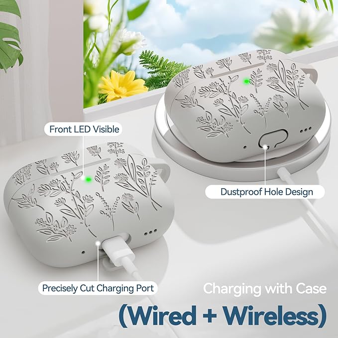 Flower Engraved Case for Apple AirPods Pro 2 Gen with Clean Kit,Soft Silicone Protective Case Cover for AirPod Pro 2nd/1st Generation Keychain,Lanyard,3 Pair Ear Tips,Front LED Visible,White