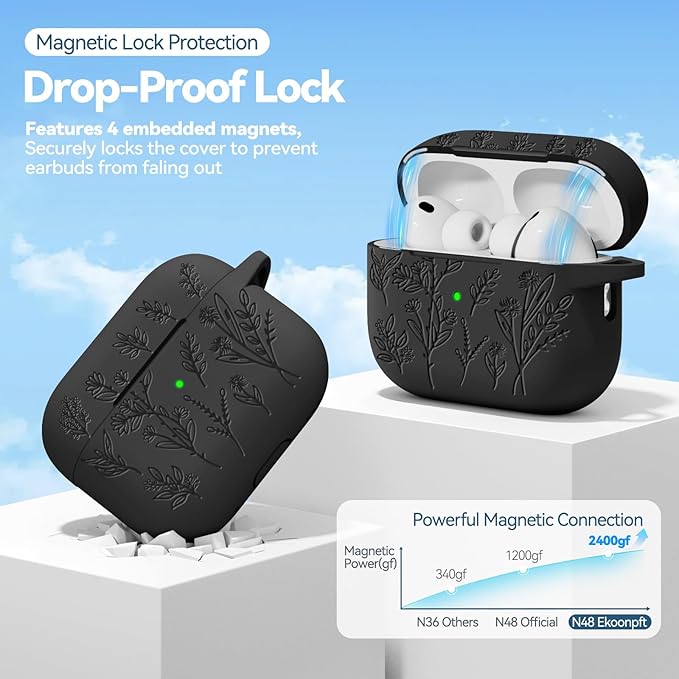 for Airpods Pro 3 Case with Magnetic Lid, Flower Engraved Cases for Apple AirPods Pro 3rd Generation 2025, Soft Silicone Cover for Women Girly with Cleaner & Keychain, Shockproof